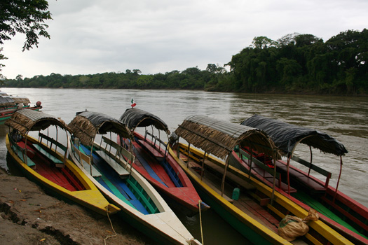 Lanchas on the bank of the Rio Usumacinta in Frontera Corozal, Chiapas